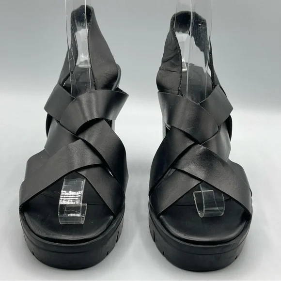 Zara Black Leather Chunky High Heel Sandals Size 6.5 - Picture 2 of 9
